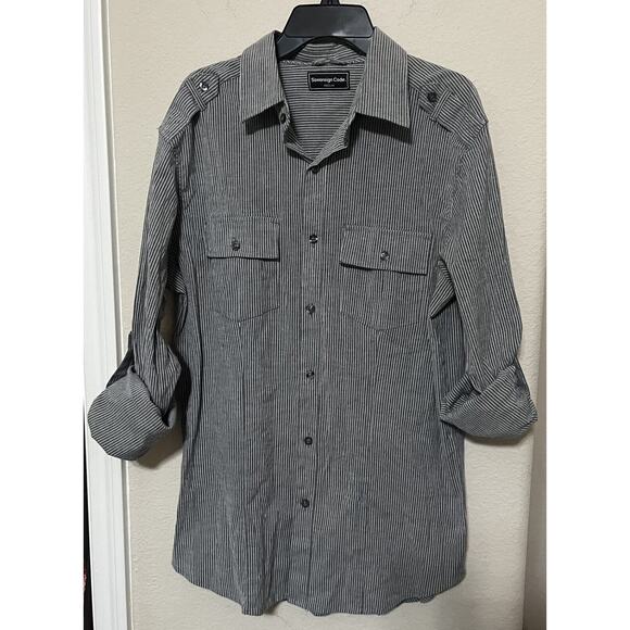 Sovereign Code Shirt Mens M Military Grey Pinstripe Button Up Collar Long Sleeve - Picture 8 of 8